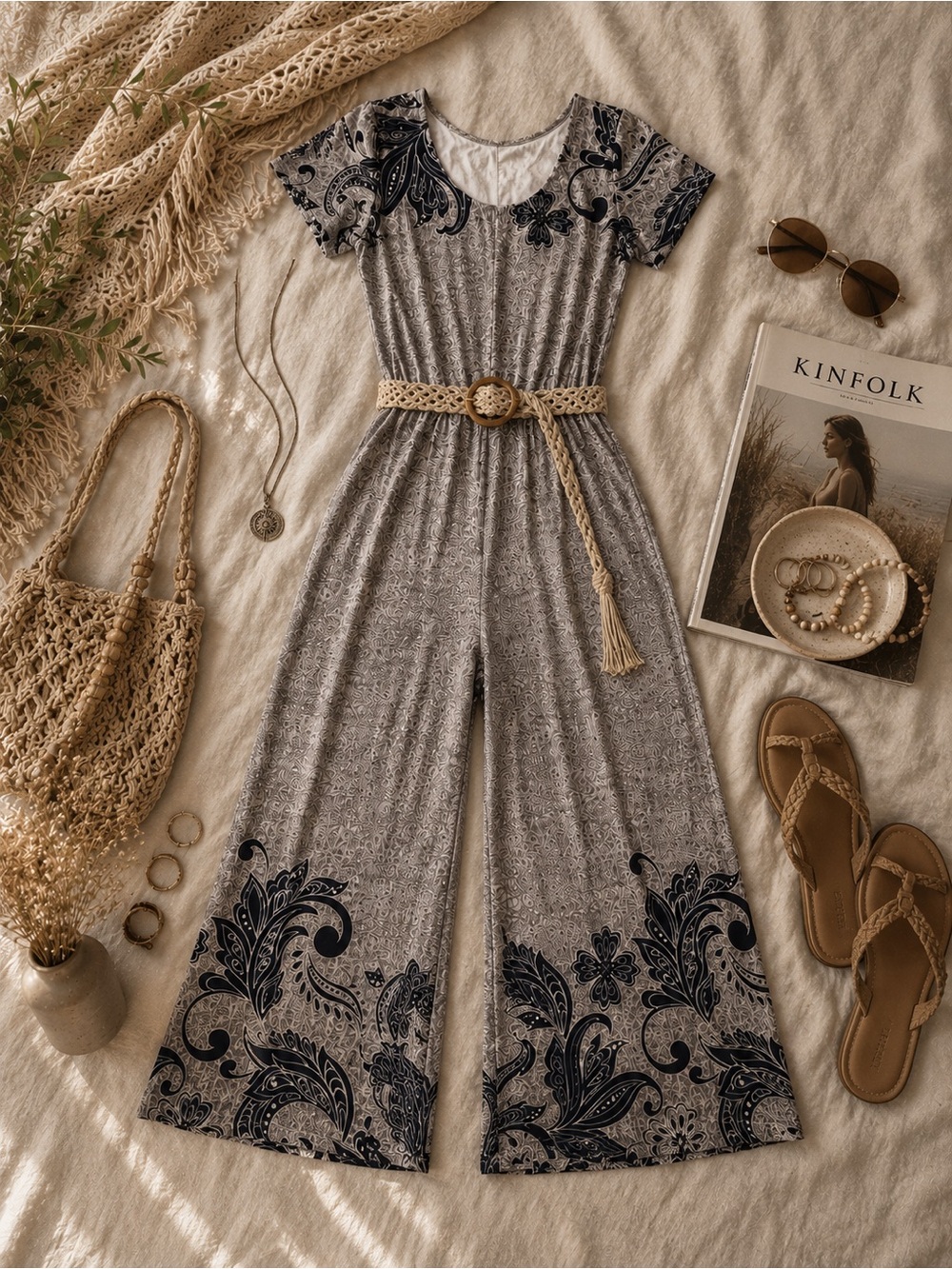 Boho Paisley Wide Leg Romper Jumpsuit Festival Neutral Outfit